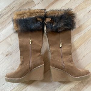UGG Tan Wedge Boots with Fur Trim